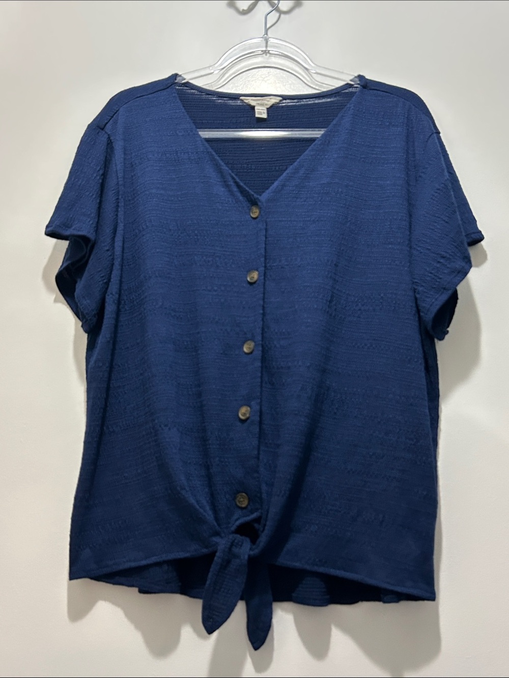 Waterproof Vintage Navy Button Front Tie Hem Short Sleeve Blouse XXL